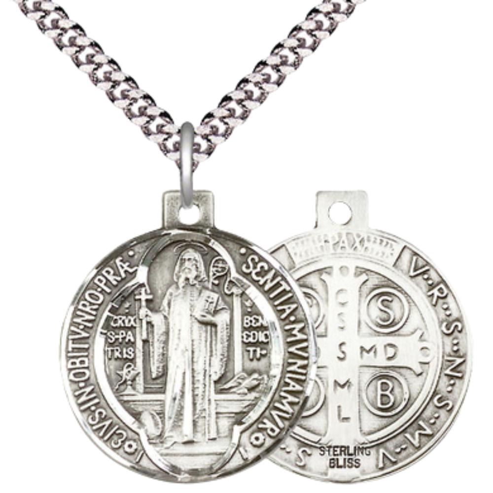 Sterling Silver Saint Benedict Medal – Patron Saint of Monks & Protection with 24” Light Rhodium Heavy Curb Chain