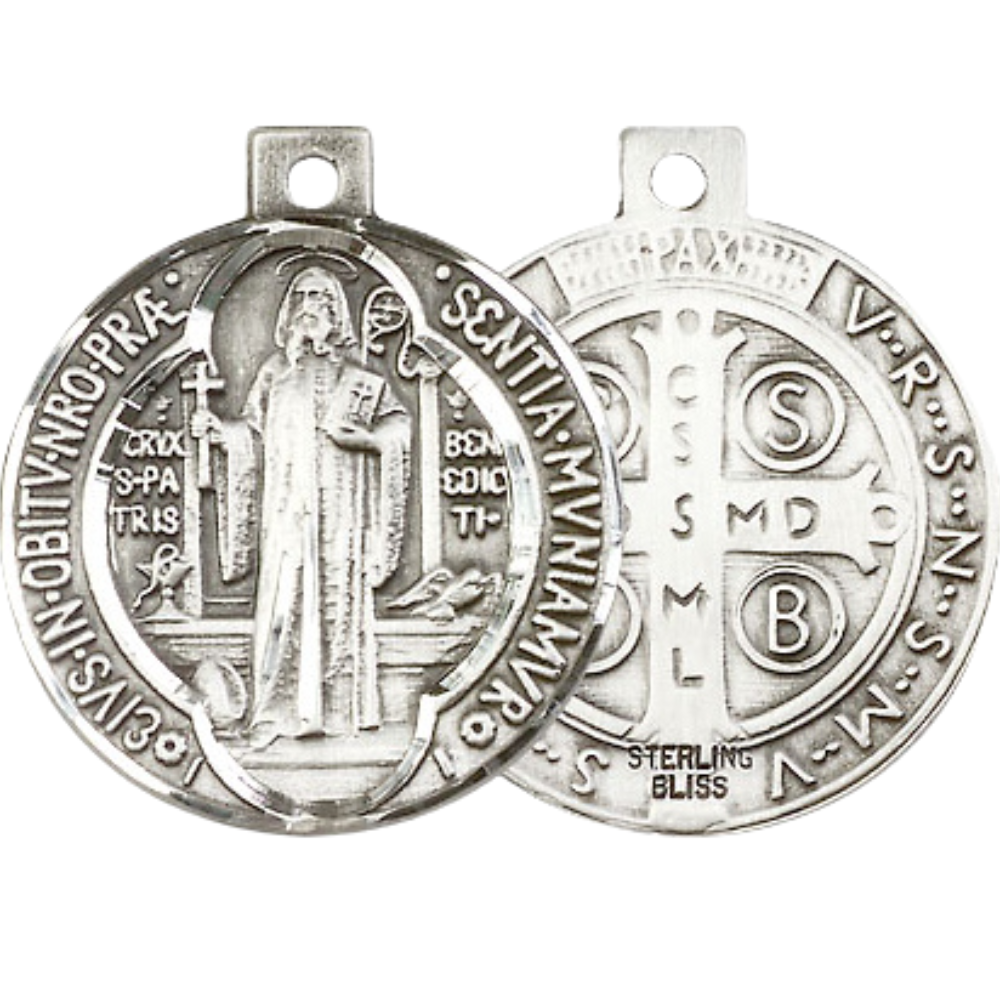 Sterling Silver Saint Benedict Medal – Patron Saint of Monks & Protection with 24” Light Rhodium Heavy Curb Chain