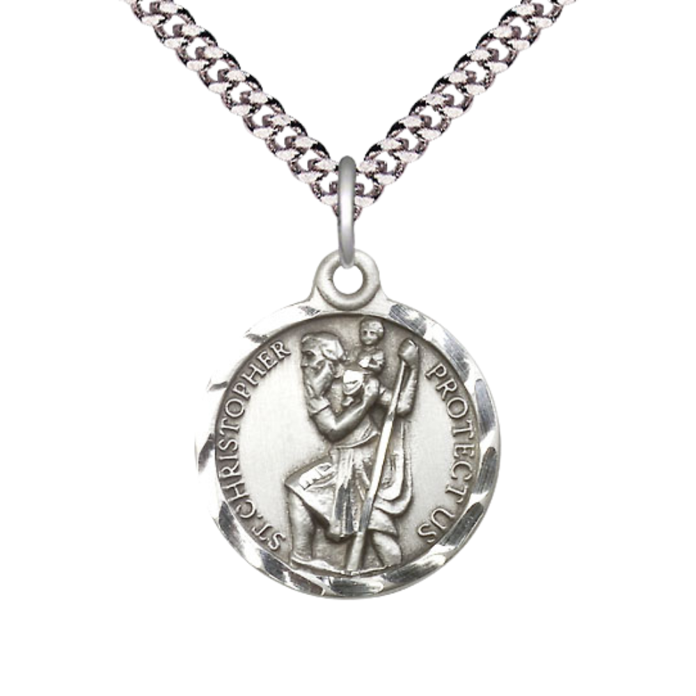 Mens Medium Round .925 Sterling Silver St Saint St. Christopher Medal Pendant on 24 inch Endless Rhodium Plated Heavy Curb Brass Chain, Catholic Religious Necklace - Made in USA- Deluxe Velvet Gift Box