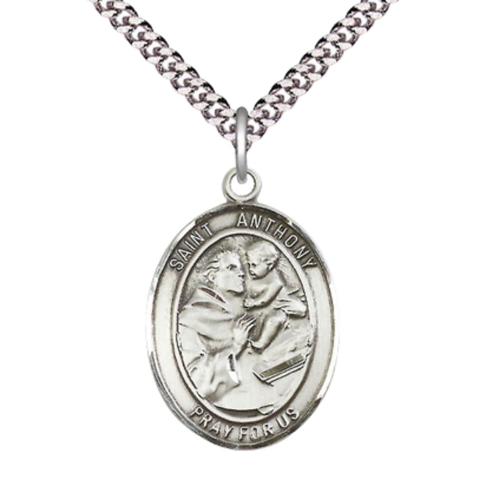 Sterling Silver Saint Anthony of Padua Medal – Patron Saint of Lost Articles & The Poor with 24” Light Rhodium Heavy Curb Chain
