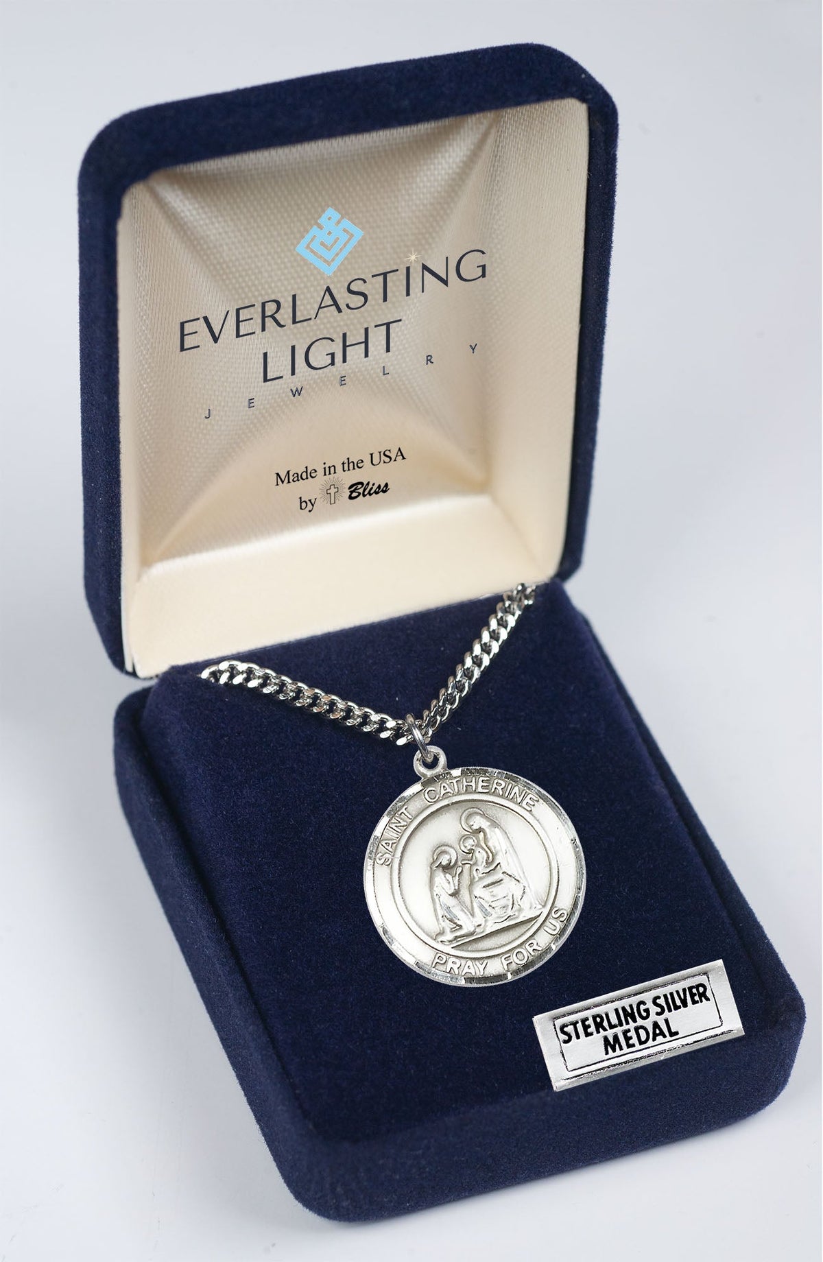 Men's .925 Sterling Silver Saint St. Catherine of Siena Pendant – 1" x 7/8" – 24 Inch Rhodium Plated Chain – Patron Saint St. of Fire Prevention – Catholic Necklace – Velvet Gift Box Included