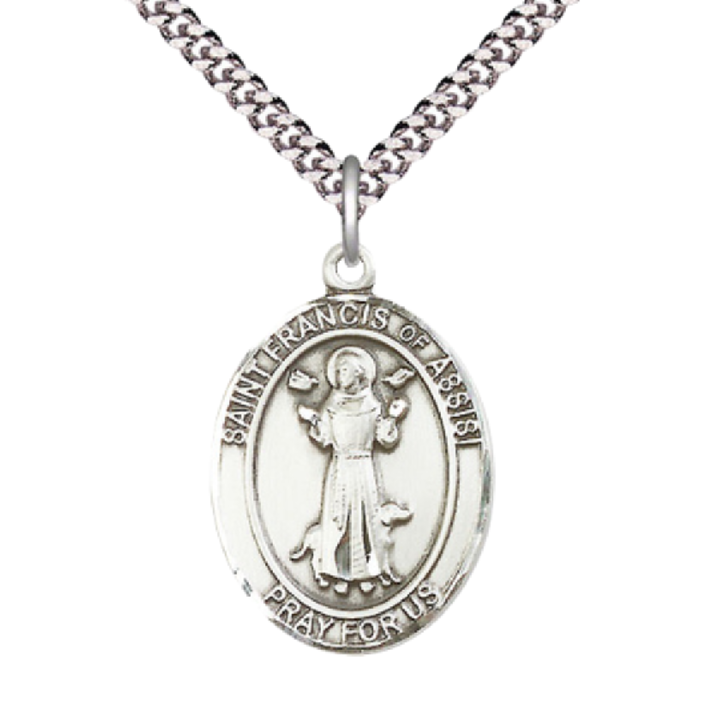 Sterling Silver St. Francis of Assisi Medal – Oval Patron Series with 24” Light Rhodium Heavy Curb Chain