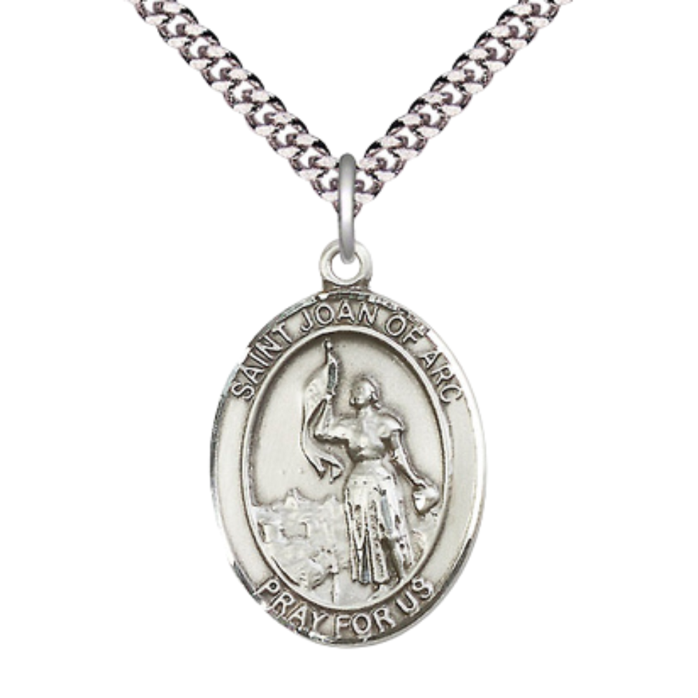 Sterling Silver Saint Joan of Arc Medal – Patron Saint of Soldiers & France with 24” Light Rhodium Heavy Curb Chain