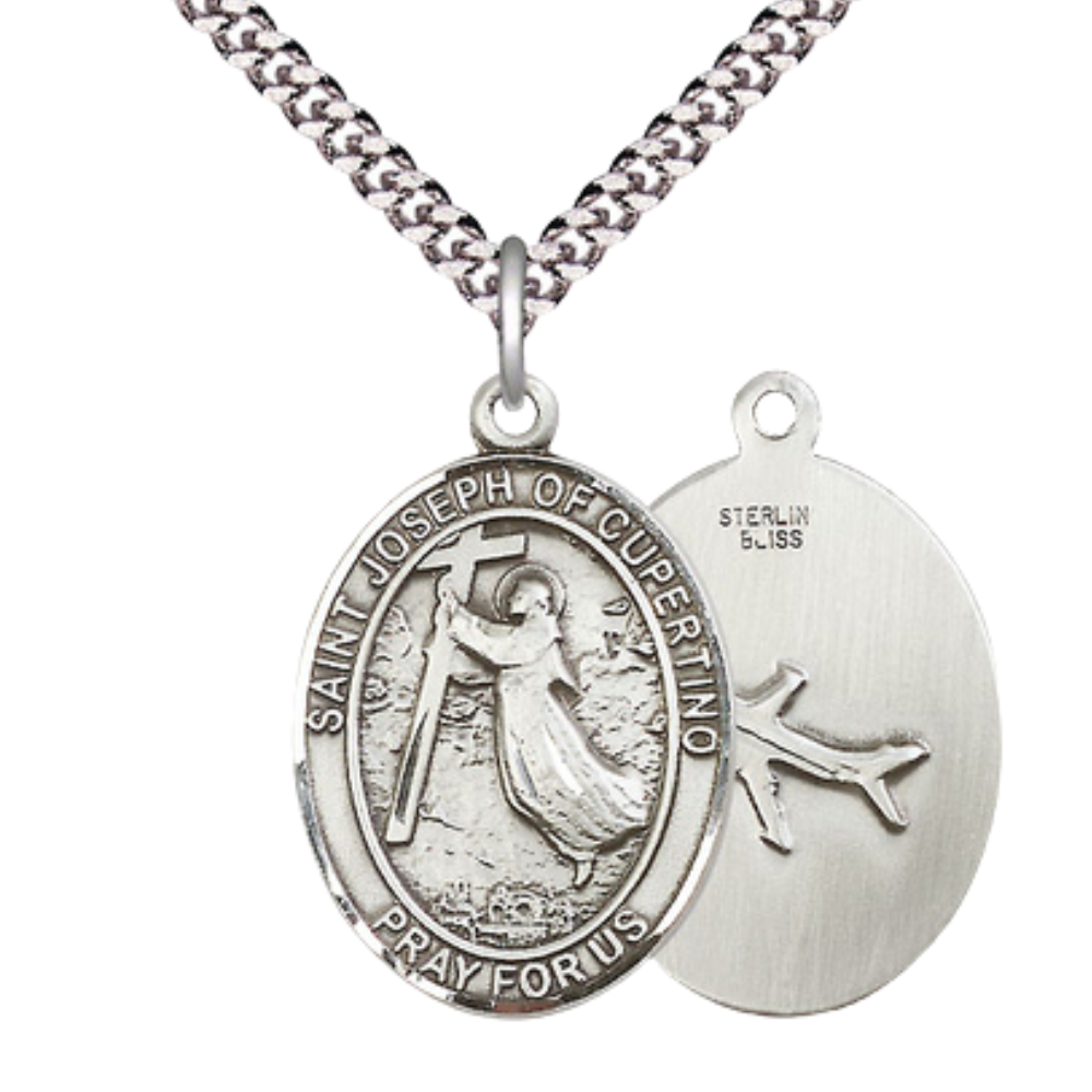 Sterling Silver Saint Joseph of Cupertino Medal – Patron Saint of Pilots & Air Force with 24” Light Rhodium Heavy Curb Chain