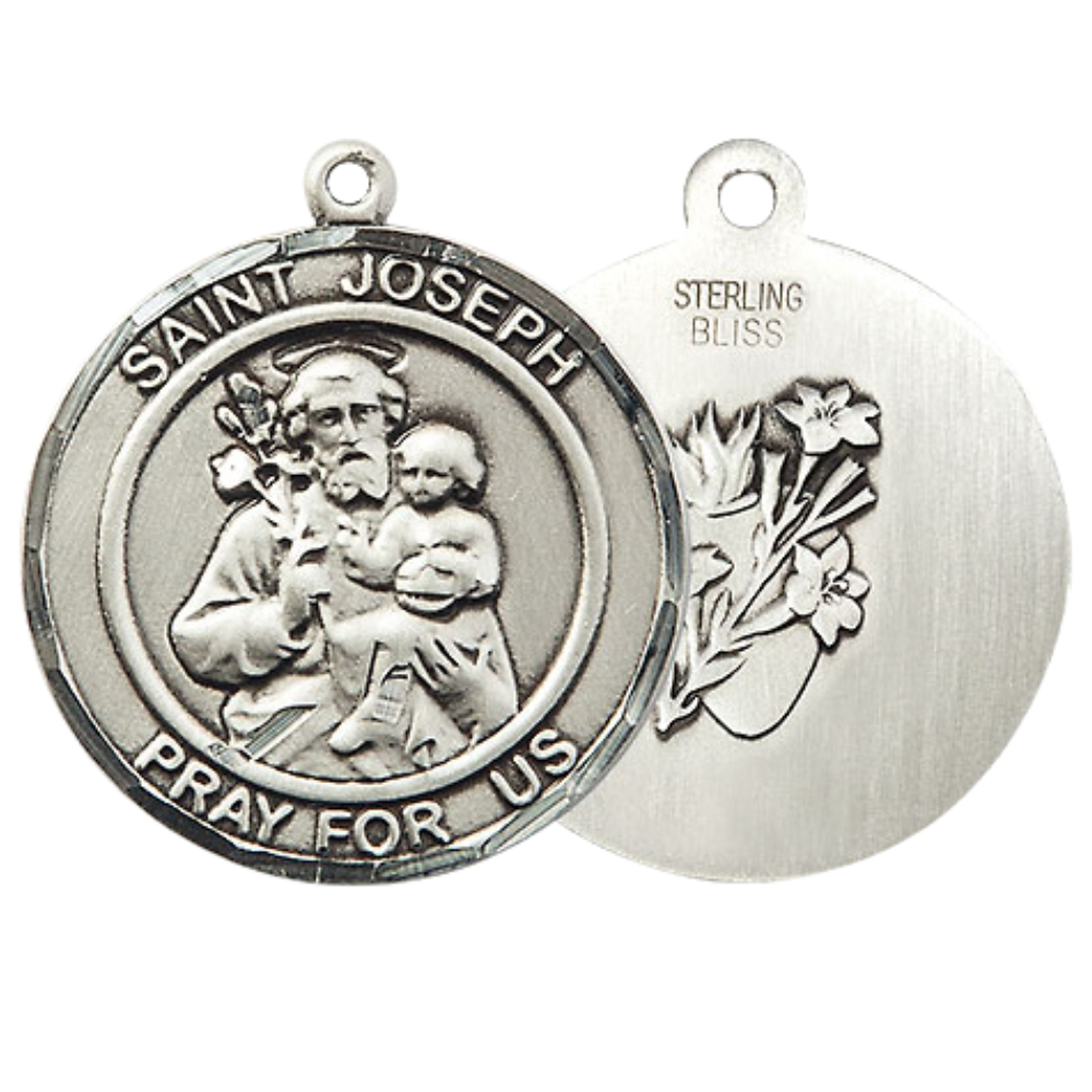 Men's .925 Sterling Silver Saint St. Joseph Medal Pendant Christian Necklace – 1" x ?" – 24 Inch Endless Rhodium Plated Chain – Patron Saint St. of Carpenters, Dying & Fathers, Catholic Medal – Velvet Gift Box Included