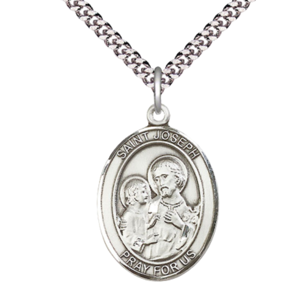 Sterling Silver St. Joseph Medal – Oval Patron Series with 24” Light Rhodium Heavy Curb Chain
