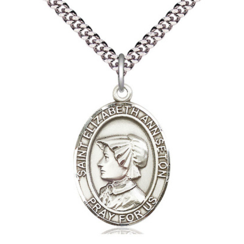 Sterling Silver Saint Elizabeth Ann Seton Medal – Patron Saint of Loss of a Parent or Child with 24” Light Rhodium Heavy Curb Chain