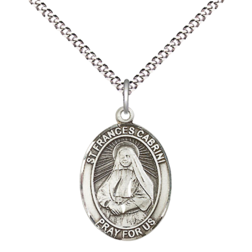 .925 Sterling Silver Saint St. Frances Cabrini Medal Pendant on 18 Inch Rhodium Plated Lite Curb Brass Chain w/ Lobster Claw Clasp, Catholic Religious Necklace - Made in USA- Prayer Card Included