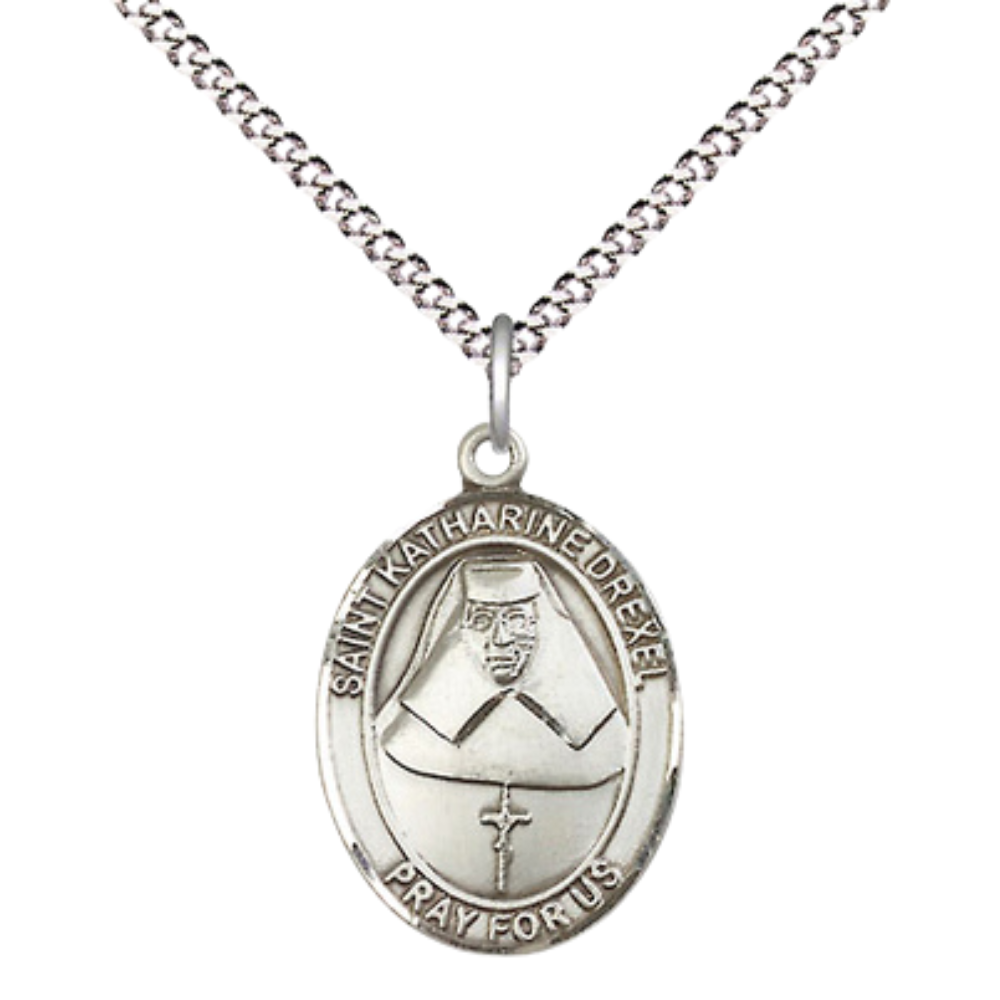 .925 Sterling Silver Saint St. Katharine Drexel Medal Pendant on 18 Inch Rhodium Plated Lite Curb Brass Chain w/ Lobster Claw Clasp, Catholic Religious Necklace - Made in USA- Prayer Card Included