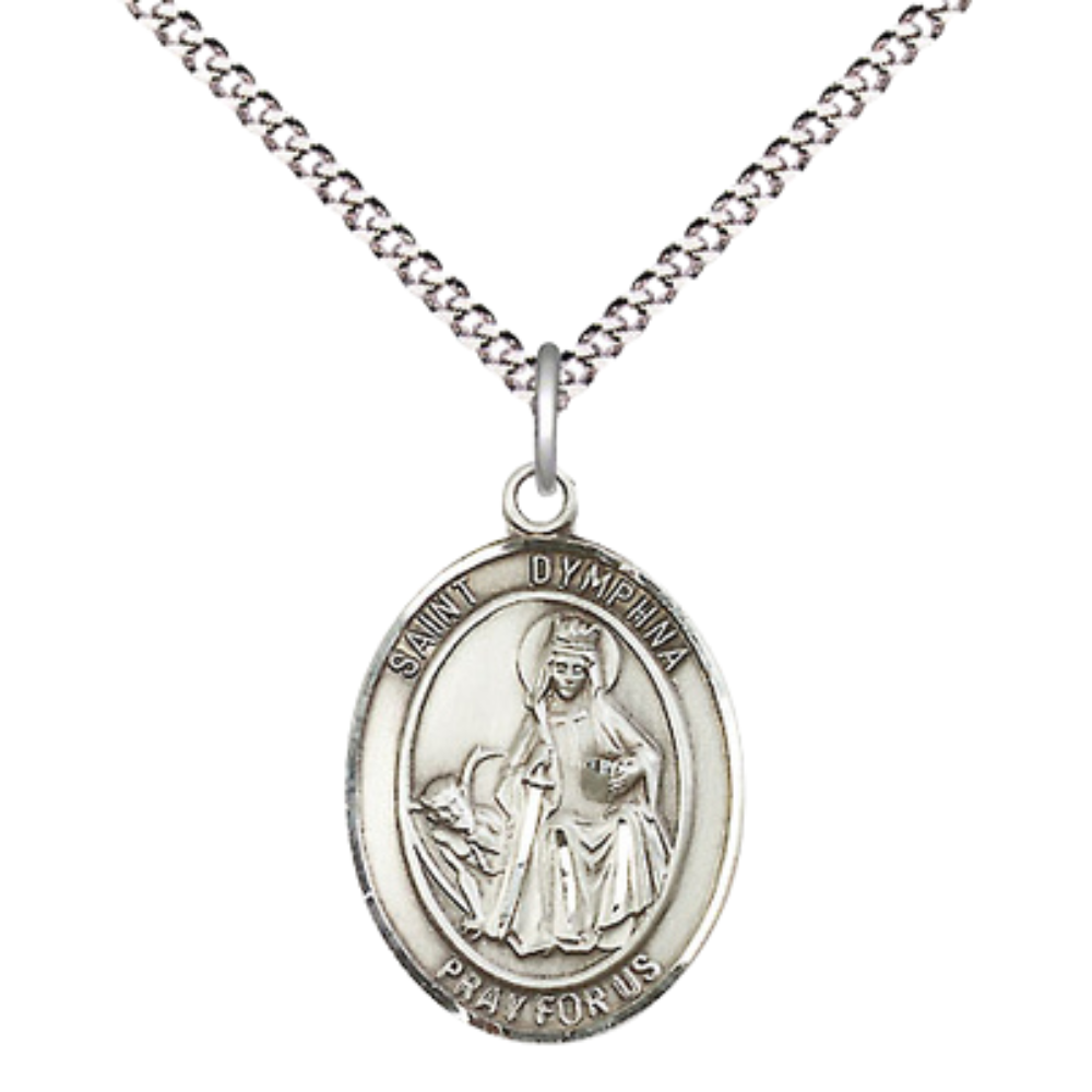 .925 Sterling Silver Saint St. Dymphna Medal Pendant on 18 Inch Rhodium Plated Lite Curb Brass Chain with Lobster Claw Clasp, Catholic Religious Necklace - Made in USA- Prayer Card Included