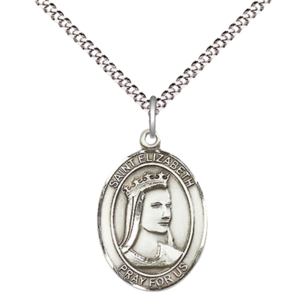 .925 Sterling Silver Saint St. Elizabeth of Hungary Medal Pendant on 18 Inch Rhodium Plated Lite Curb Brass Chain w/ Lobster Claw Clasp, Catholic Religious Necklace - Made in USA- Prayer Card Included