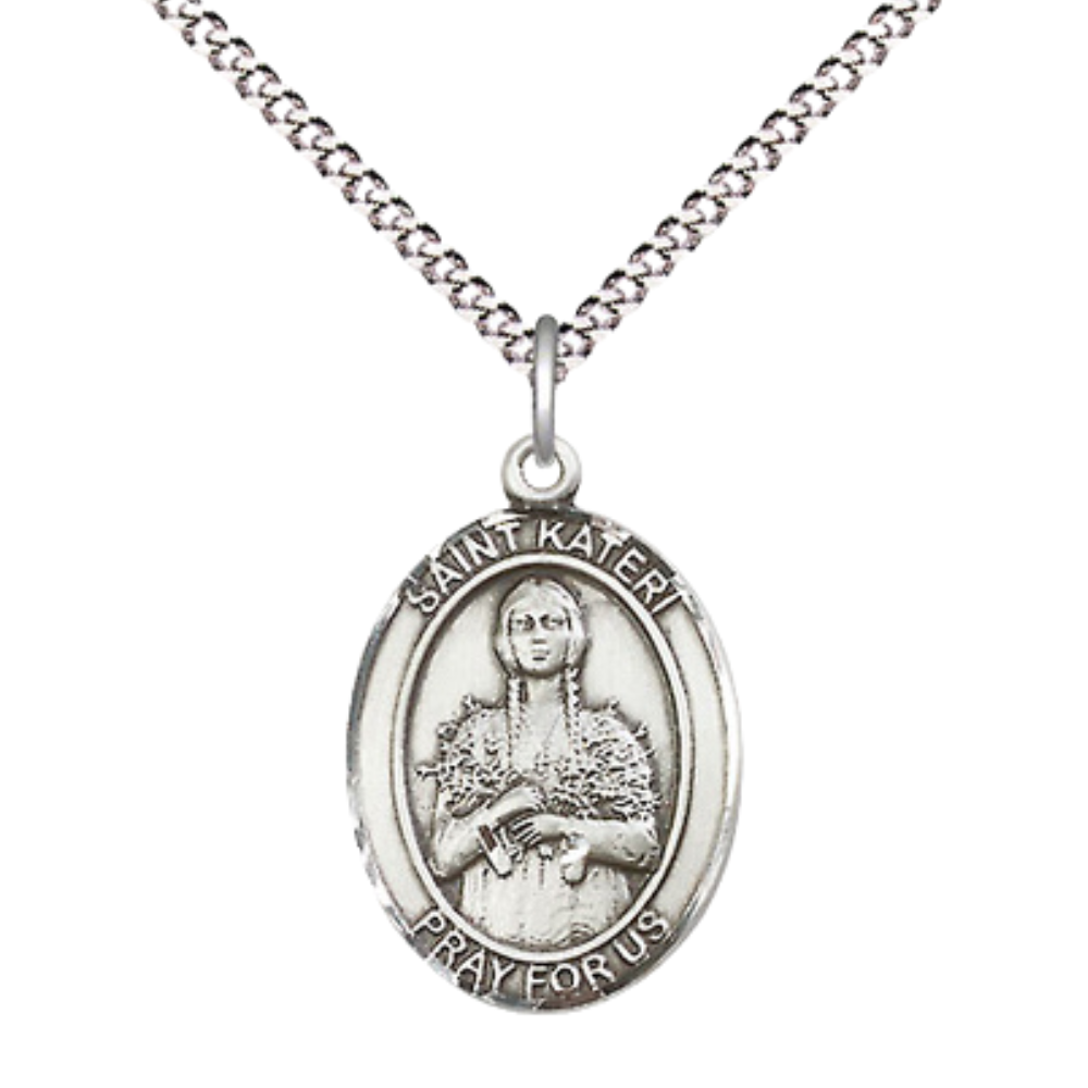 .925 Sterling Silver Saint St. Kateri Tekakwitha Medal Pendant on 18 Inch Rhodium Plated Lite Curb Brass Chain w/ Lobster Claw Clasp, Catholic Religious Necklace - Made in USA- Prayer Card Included