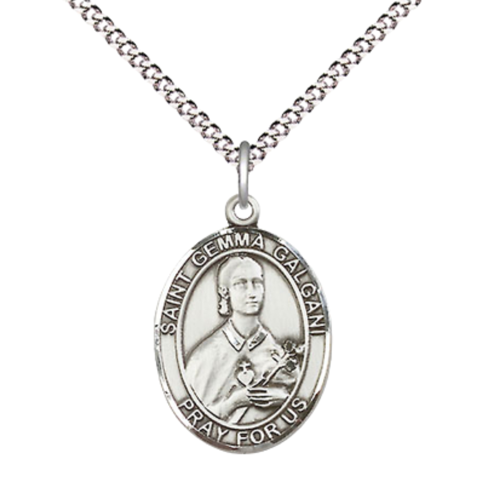.925 Sterling Silver Saint St. Gemma Galgani Medal Pendant on 18 Inch Rhodium Plated Lite Curb Brass Chain w/ Lobster Claw Clasp, Catholic Religious Necklace - Made in USA- Prayer Card Included
