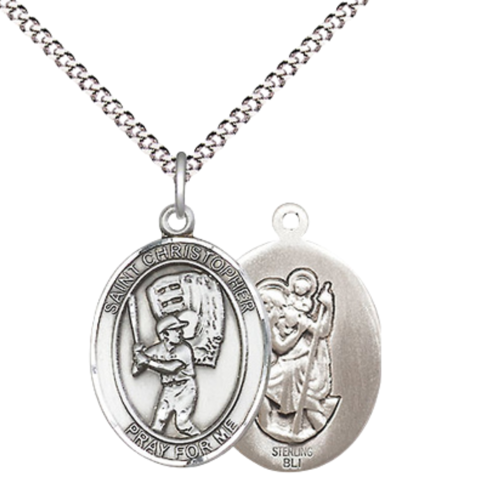 .925 Sterling Silver Saint St. Christopher Medal Pendant on 18 Inch Rhodium Plated Lite Curb Brass Chain with Lobster Claw Clasp, Catholic Religious Necklace - Made in USA- Prayer Card Included