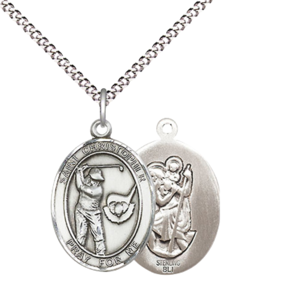 .925 Sterling Silver Saint St. Christopher Medal Pendant on 18 Inch Rhodium Plated Lite Curb Brass Chain w/ Lobster Claw Clasp, Catholic Religious Necklace - Made in USA- Prayer Card Included