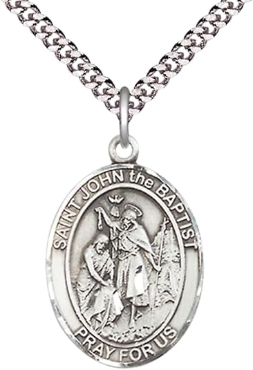 Everlasting Light Jewelry Pewter Saint St. John the BaptiSaint St. Medal Pendant on 24 Inch Endless Rhodium Plated Heavy Curb Brass Chain, Catholic Religious Necklace - Made in USA- Prayer Card Included