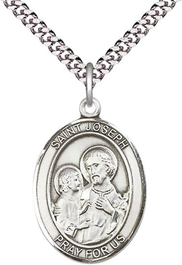 Everlasting Light Jewelry .925 Sterling Silver Saint St. Joseph Medal Pendant on 24 Inch Endless Rhodium Plated Heavy Curb Brass Chain, Catholic Religious Necklace - Made in USA- Prayer Card Included