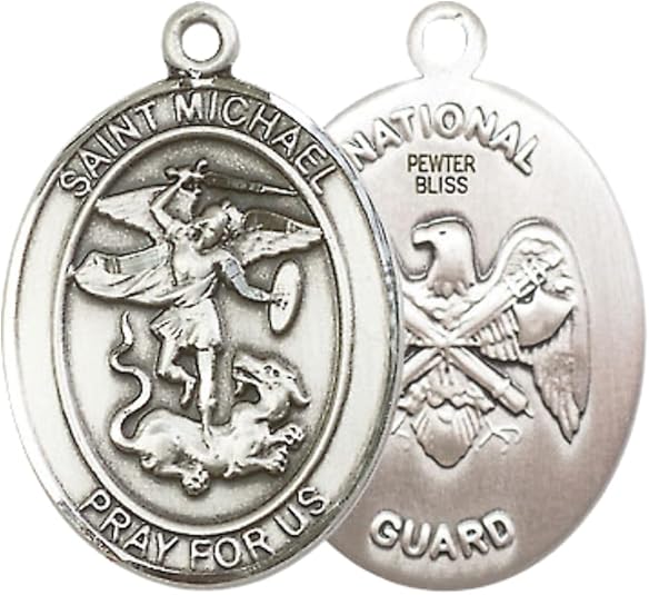 Everlasting Light Jewelry Pewter Saint St. Michael National Guard Medal Pendant on 24 Inch Endless Rhodium Plated Heavy Curb Brass Chain, Catholic Religious Necklace - Made in USA- Prayer Card Included