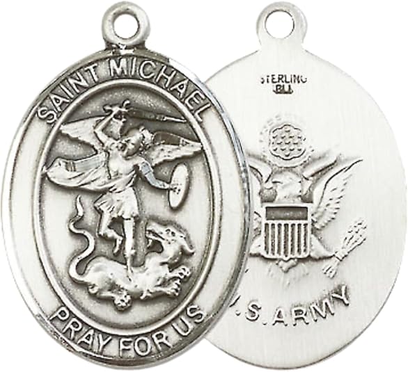 .925 Sterling Silver Saint St. Michael Army Medal Pendant on 24 Inch Endless Rhodium Plated Heavy Curb Brass Chain, Catholic Religious Necklace - Made in USA- Prayer Card Included