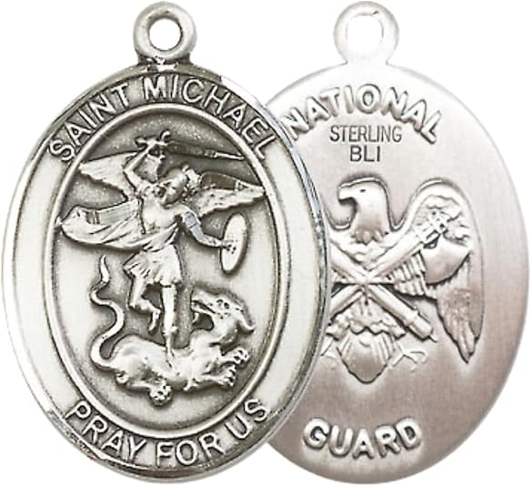 .925 Sterling Silver Saint St. Michael National Guard Medal Pendant on 24 Inch Endless Rhodium Plated Heavy Curb Brass Chain, Catholic Religious Necklace - Made in USA - Prayer Card Included