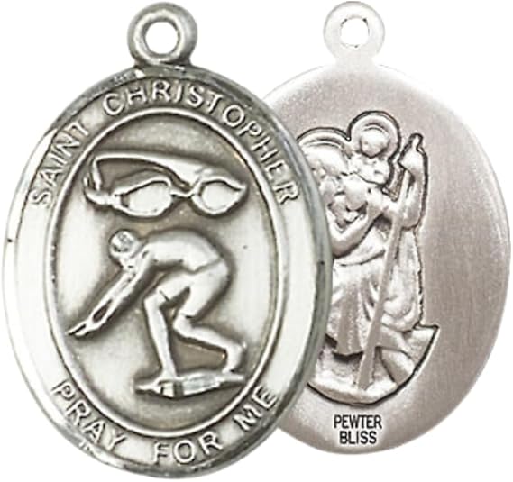 Everlasting Light Jewelry Pewter Saint St. Christopher Medal Pendant on 24 Inch Endless Rhodium Plated Heavy Curb Brass Chain, Catholic Religious Necklace - Made in USA- Prayer Card Included