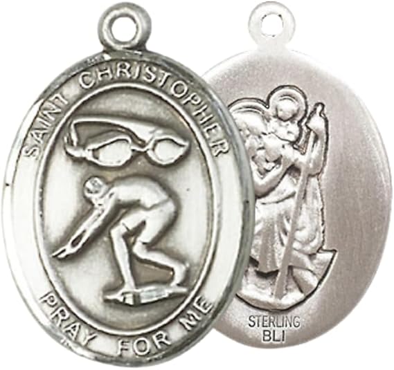 .925 Sterling Silver Saint St. Christopher Medal Pendant on 24 Inch Endless Rhodium Plated Heavy Curb Brass Chain, Catholic Religious Necklace - Made in USA- Prayer Card Included