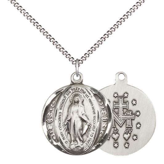 Womens Large Round Pewter Miraculous Medal Pendant on 18 inch Rhodium Plated Lite Curb Brass Chain with Lobster Claw Clasp, Catholic Religious Necklace - Made in USA- Deluxe Velvet Gift Box