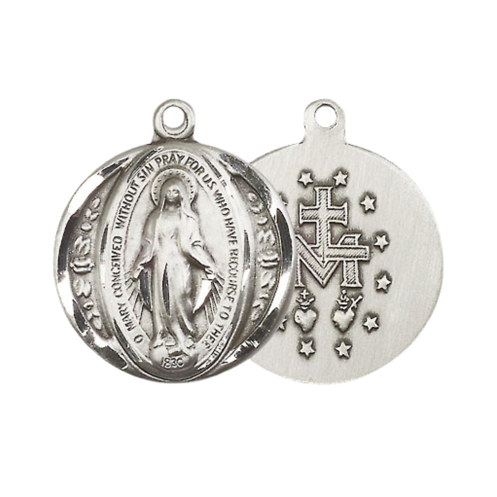 Womens Large Round Pewter Miraculous Medal Pendant on 18 inch Rhodium Plated Lite Curb Brass Chain with Lobster Claw Clasp, Catholic Religious Necklace - Made in USA- Deluxe Velvet Gift Box