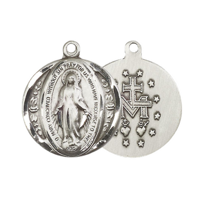 Mens Large Round Pewter Miraculous Medal Pendant on 24 inch Rhodium Plated Heavy Curb Brass Chain with Lobster Claw Clasp, Catholic Religious Necklace - Made in USA- Deluxe Velvet Gift Box