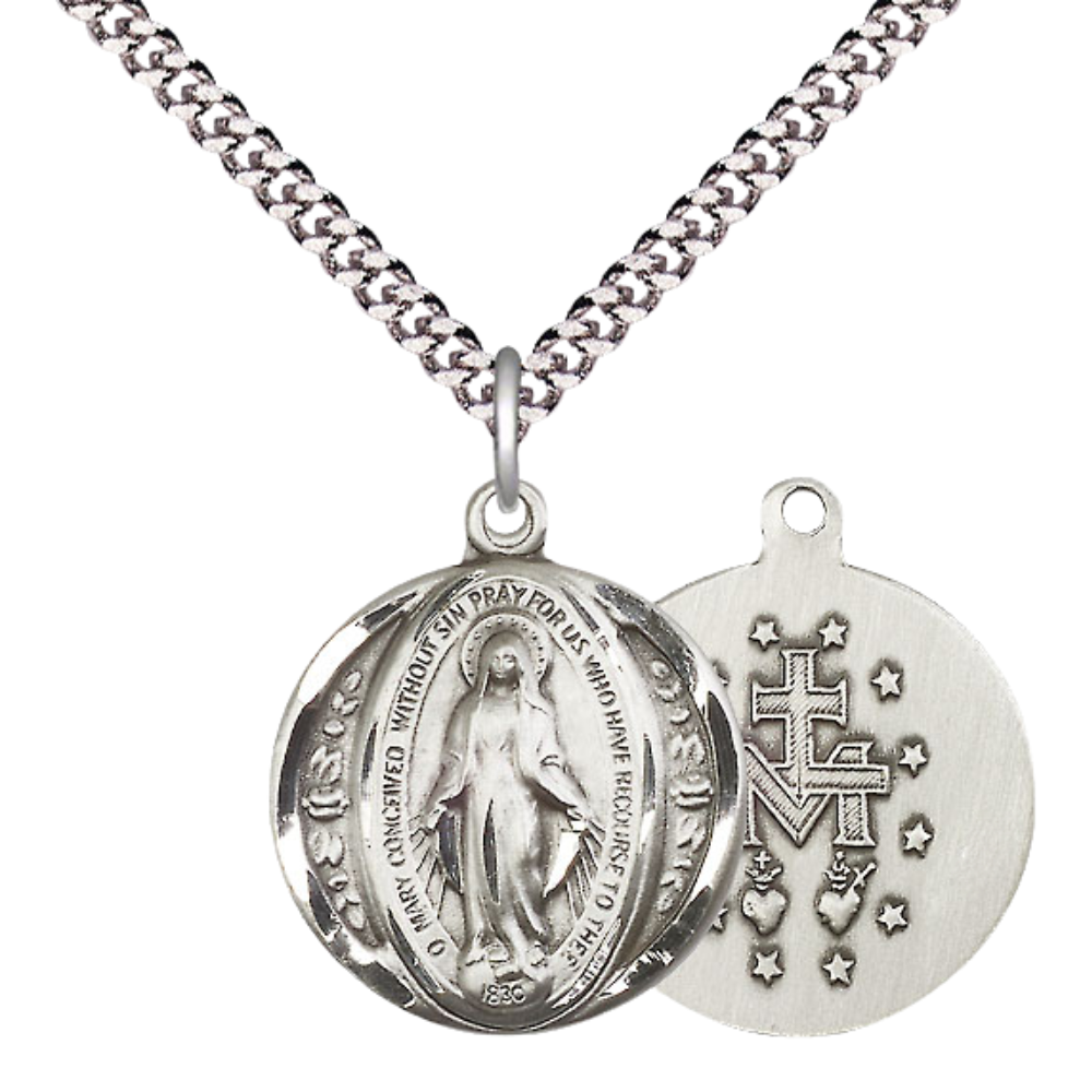 Everlasting Light Jewelry Mens Large Round Pewter Miraculous Medal Pendant on 24 inch Endless Rhodium Plated Heavy Curb Brass Chain, Catholic Religious Necklace - Made in USA- Deluxe Velvet Gift Box