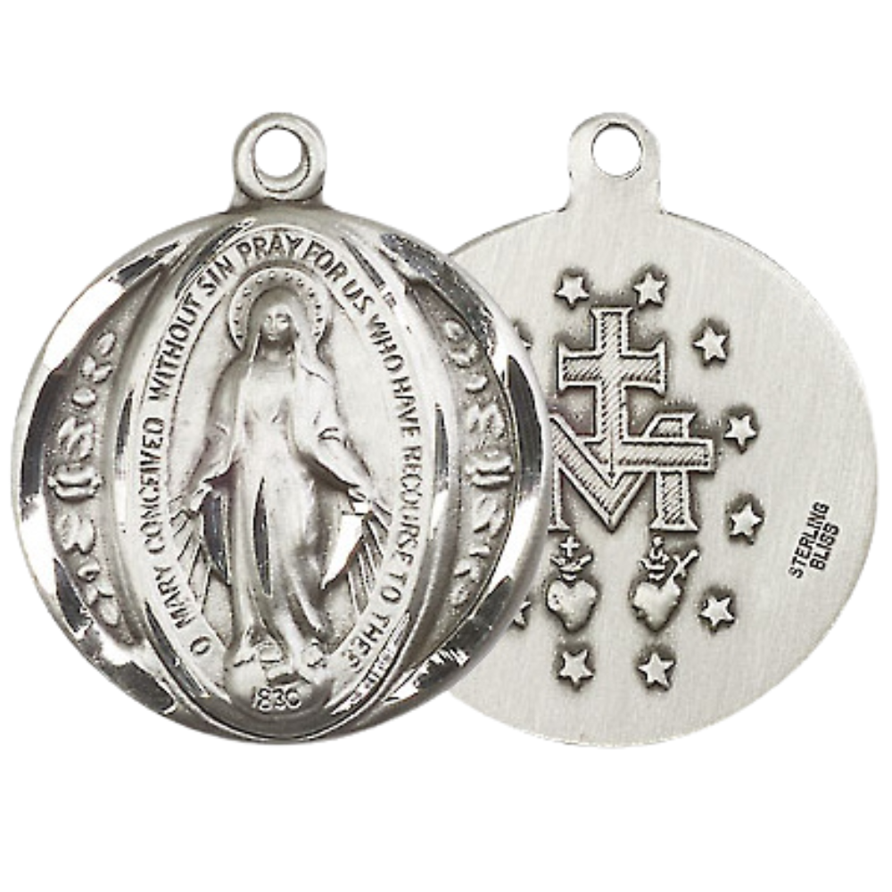 Everlasting Light Jewelry .925 Sterling Silver Miraculous Medal Pendant on 18 Inch Rhodium Plated Lite Curb Brass Chain - Catholic Religious Necklace Made in USA, Deluxe Velvet Gift Box Included
