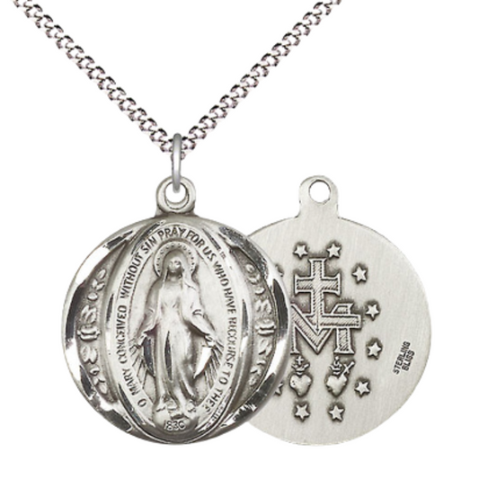 Everlasting Light Jewelry .925 Sterling Silver Miraculous Medal Pendant on 18 Inch Rhodium Plated Lite Curb Brass Chain - Catholic Religious Necklace Made in USA, Deluxe Velvet Gift Box Included