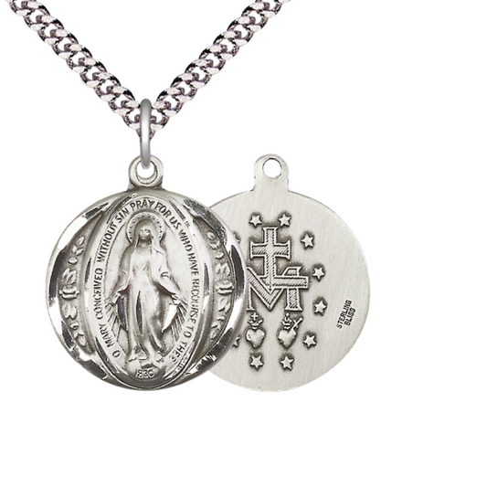 Mens Large Round .925 Sterling Silver Miraculous Medal Pendant on 24 inch Rhodium Plated Heavy Curb Brass Chain with Lobster Claw Clasp, Catholic Religious Necklace- USA Made Velvet Gift Box