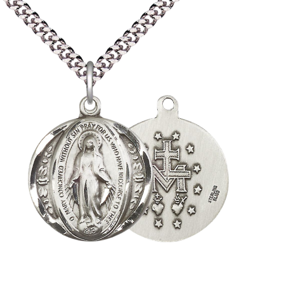Everlasting Light Jewelry .925 Sterling Silver Miraculous Medal Pendant on 24 Inch Endless Rhodium Plated Heavy Curb Chain -Catholic Religious Necklace Made in USA, Deluxe Velvet Gift Box Included