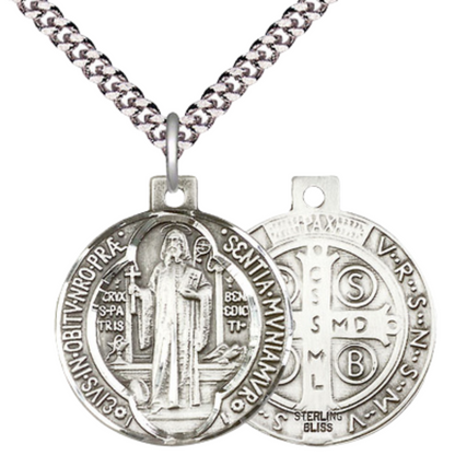 Sterling Silver Saint Benedict Medal – Patron Saint of Monks & Protection with 24” Light Rhodium Heavy Curb Chain