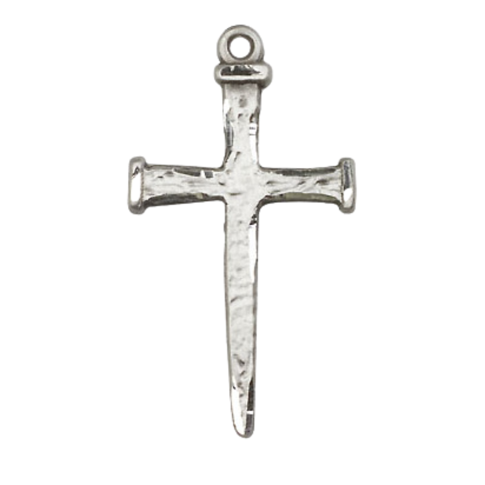Everlasting Light Jewelry .925 Sterling Silver Nail Cross Medal Pendant on 18 Inch Rhodium Plated Lite Curb Brass Chain - Catholic Religious Necklace Made in USA, Deluxe Velvet Gift Box