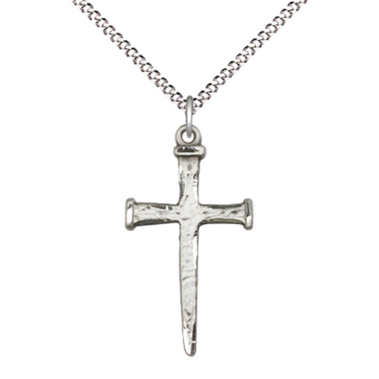 Everlasting Light Jewelry .925 Sterling Silver Nail Cross Medal Pendant on 18 Inch Rhodium Plated Lite Curb Brass Chain - Catholic Religious Necklace Made in USA, Deluxe Velvet Gift Box