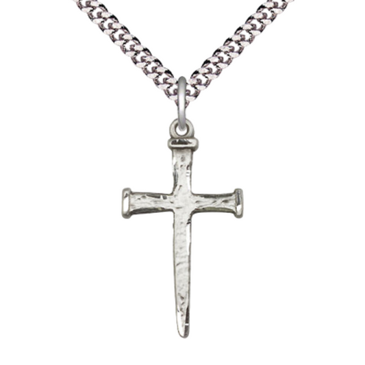 Everlasting Light Jewelry .925 Sterling Silver Nail Cross Medal Pendant on 24 Inch Endless Rhodium Plated Heavy Curb Chain - Catholic Religious Necklace Made in USA, Deluxe Velvet Gift Box