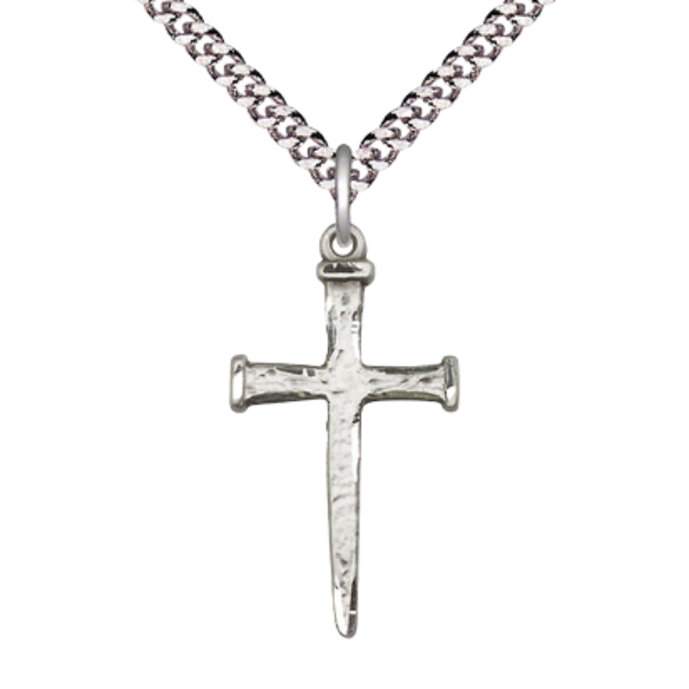 Everlasting Light Jewelry .925 Sterling Silver Nail Cross Medal Pendant on 24 Inch Endless Rhodium Plated Heavy Curb Chain - Catholic Religious Necklace Made in USA, Deluxe Velvet Gift Box