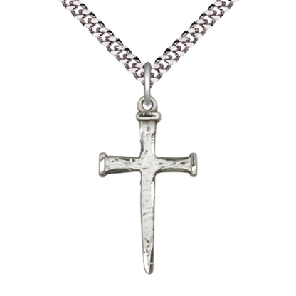 Everlasting Light Jewelry .925 Sterling Silver Nail Cross Medal Pendant on 24 Inch Endless Rhodium Plated Heavy Curb Chain - Catholic Religious Necklace Made in USA, Deluxe Velvet Gift Box