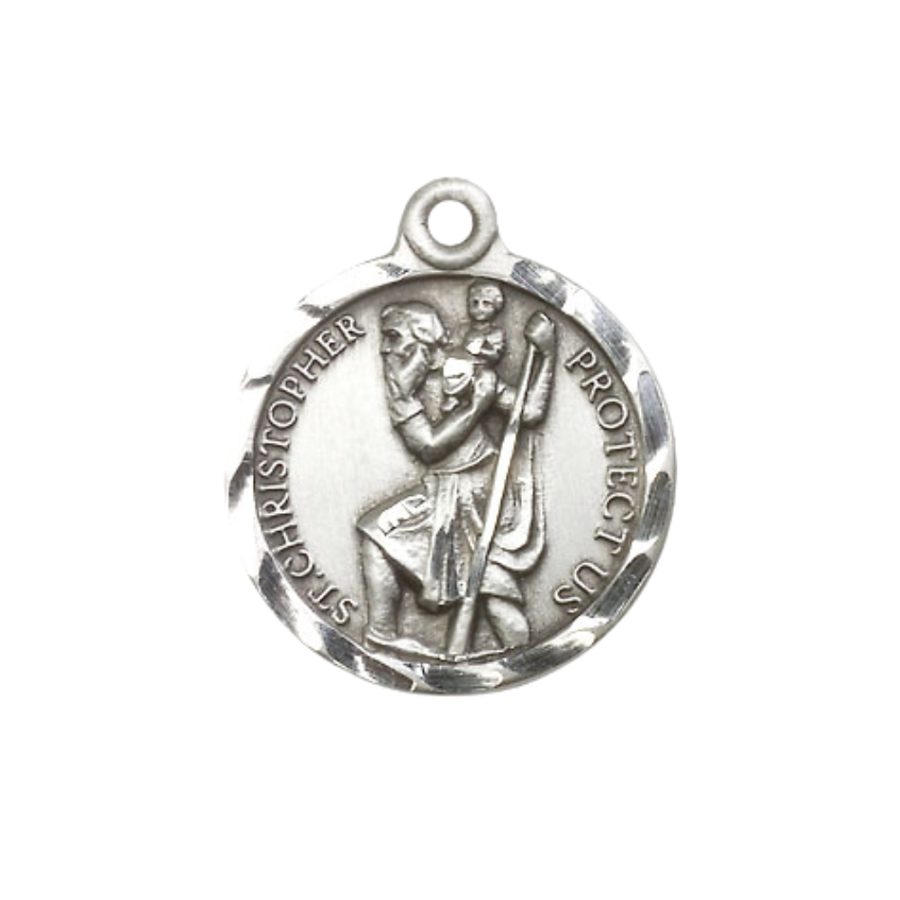 Womens Medium Round Pewter Saint St. Christopher Medal Pendant on 18 inch Rhodium Plated Lite Curb Brass Chain with Lobster Claw Clasp, Catholic Religious Necklace- USA Made Gift Boxed