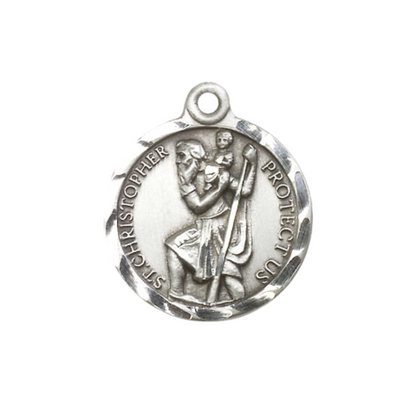 Womens Medium Round Pewter Saint St. Christopher Medal Pendant on 18 inch Rhodium Plated Lite Curb Brass Chain with Lobster Claw Clasp, Catholic Religious Necklace- USA Made Gift Boxed