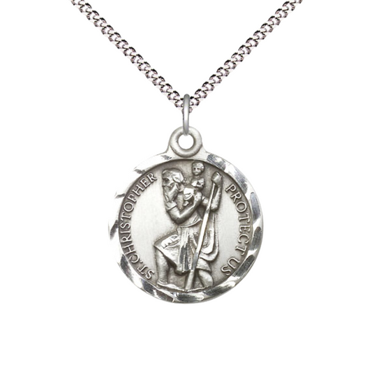 Womens Medium Round Pewter Saint St. Christopher Medal Pendant on 18 inch Rhodium Plated Lite Curb Brass Chain with Lobster Claw Clasp, Catholic Religious Necklace- USA Made Gift Boxed
