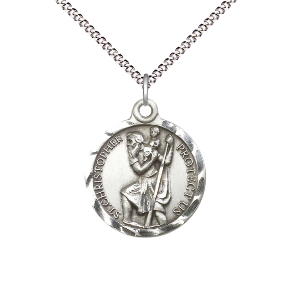 Womens Medium Round Pewter Saint St. Christopher Medal Pendant on 18 inch Rhodium Plated Lite Curb Brass Chain with Lobster Claw Clasp, Catholic Religious Necklace- USA Made Gift Boxed