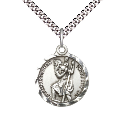 Mens Medium Round .925 Sterling Silver St Christopher Medal Pendant on 24 inch Rhodium Plated Heavy Curb Brass Chain with Lobster Claw Clasp,Catholic Religious Necklace-USA Made Gift Boxed