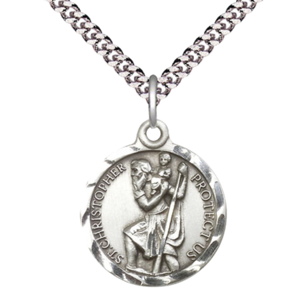 Sterling Silver Saint Christopher Medal – Patron Saint of Travelers & Motorists with 24” Light Rhodium Heavy Curb Chain
