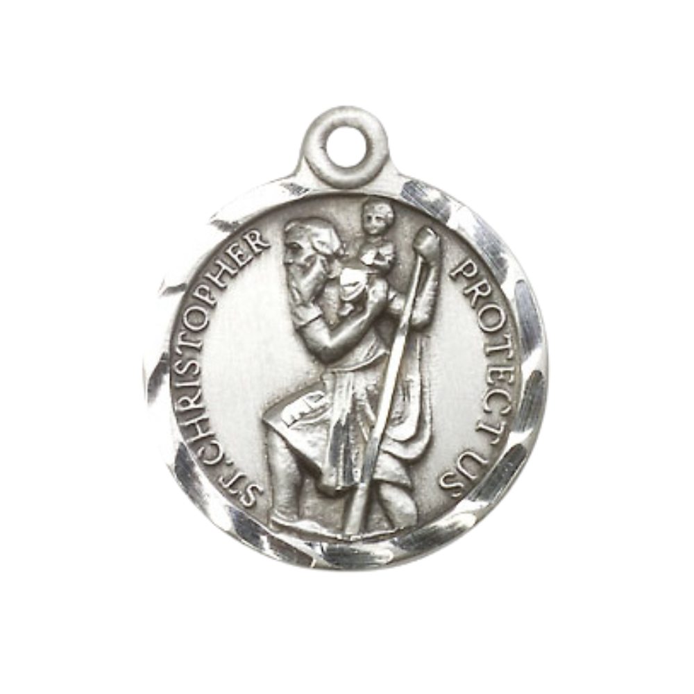 Sterling Silver Saint Christopher Medal – Patron Saint of Travelers & Motorists with 24” Light Rhodium Heavy Curb Chain