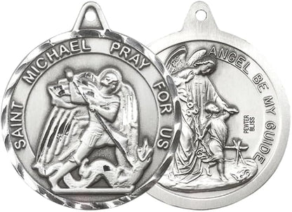 Mens Large Round Pewter St. Michael/Guardian Angel Medal Pendant on 24 inch Rhodium Plated Heavy Curb Brass Chain with Lobster Claw Clasp,Catholic Religious Necklace-USA Made Velvet Gift Box