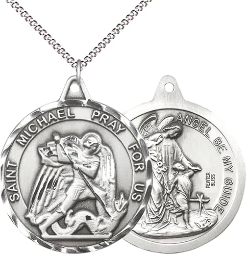 Womens Large Round Pewter Saint St. Michael/Guardian Angel Medal Pendant on 18 inch Rhodium Plated Lite Curb Brass Chain with Lobster Claw Clasp, Catholic Religious Necklace- USA Made Gift Boxed