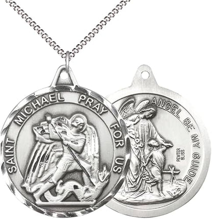 Womens Large Round Pewter Saint St. Michael/Guardian Angel Medal Pendant on 18 inch Rhodium Plated Lite Curb Brass Chain with Lobster Claw Clasp, Catholic Religious Necklace- USA Made Gift Boxed